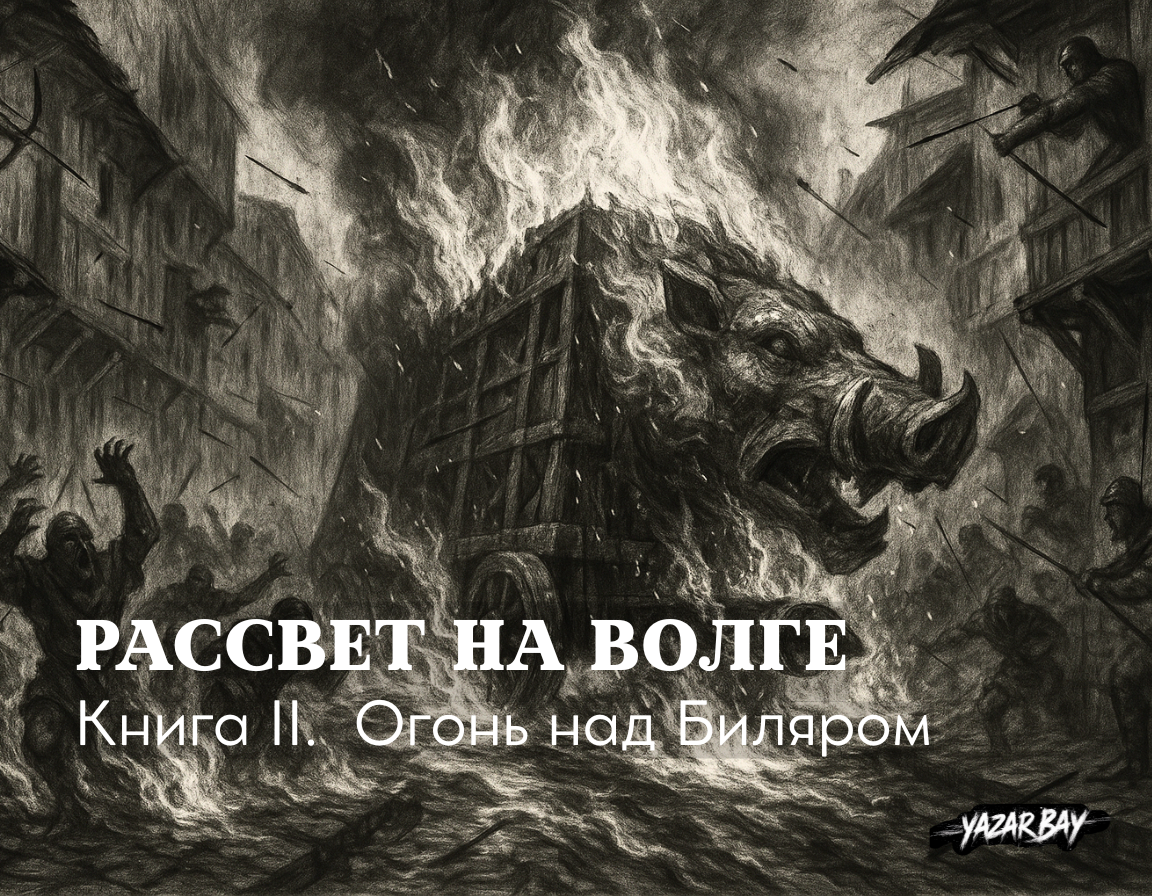 Защитники Биляра заманивают главный таран хазар в хитроумную огненную ловушку, превращая улицу города в реку огня. ©Язар Бай