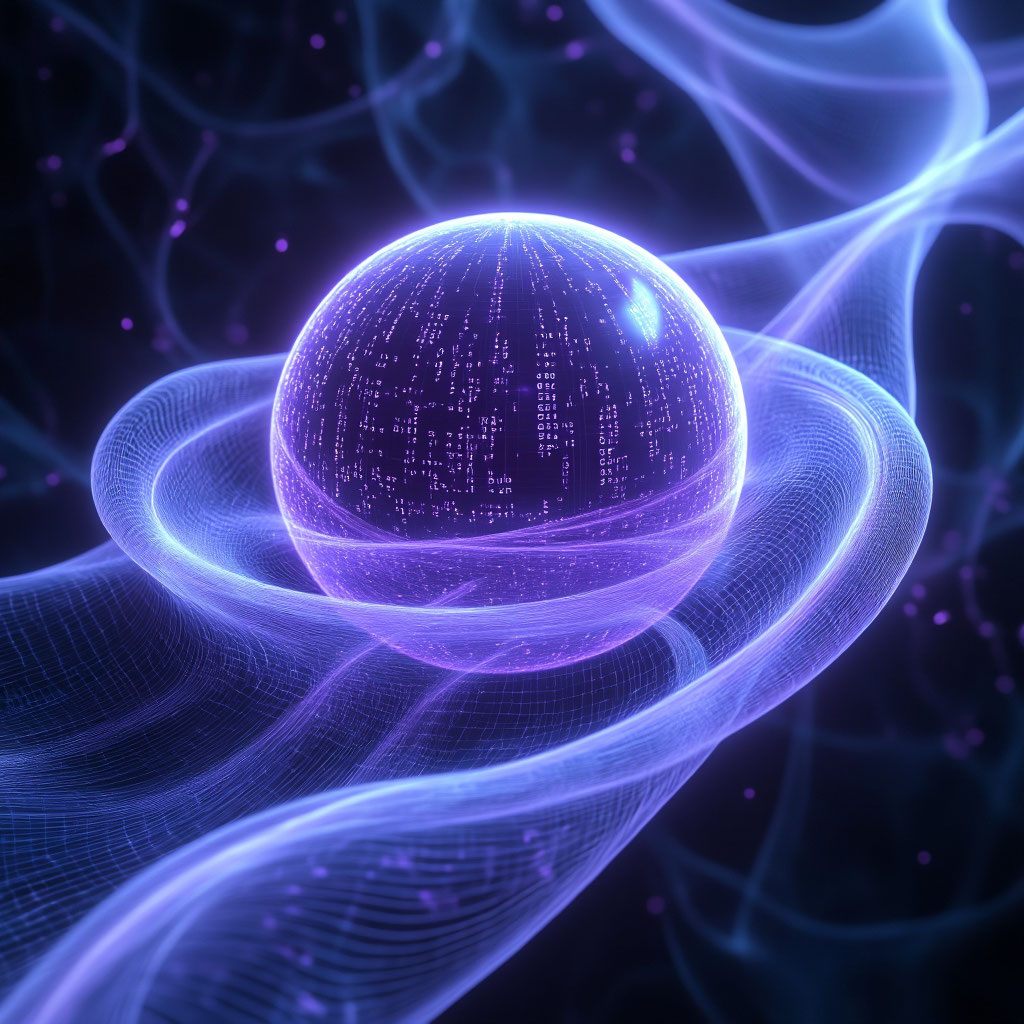 Абстрактная 3D-визуализация квантовой запутанности — переплетающиеся светящиеся нити или сфера в разрезе с двоичным кодом внутри
