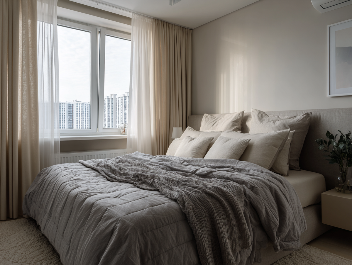 Спокойные шторы, стены и ковер - на этом фоне можно позволить себе яркие акценты 