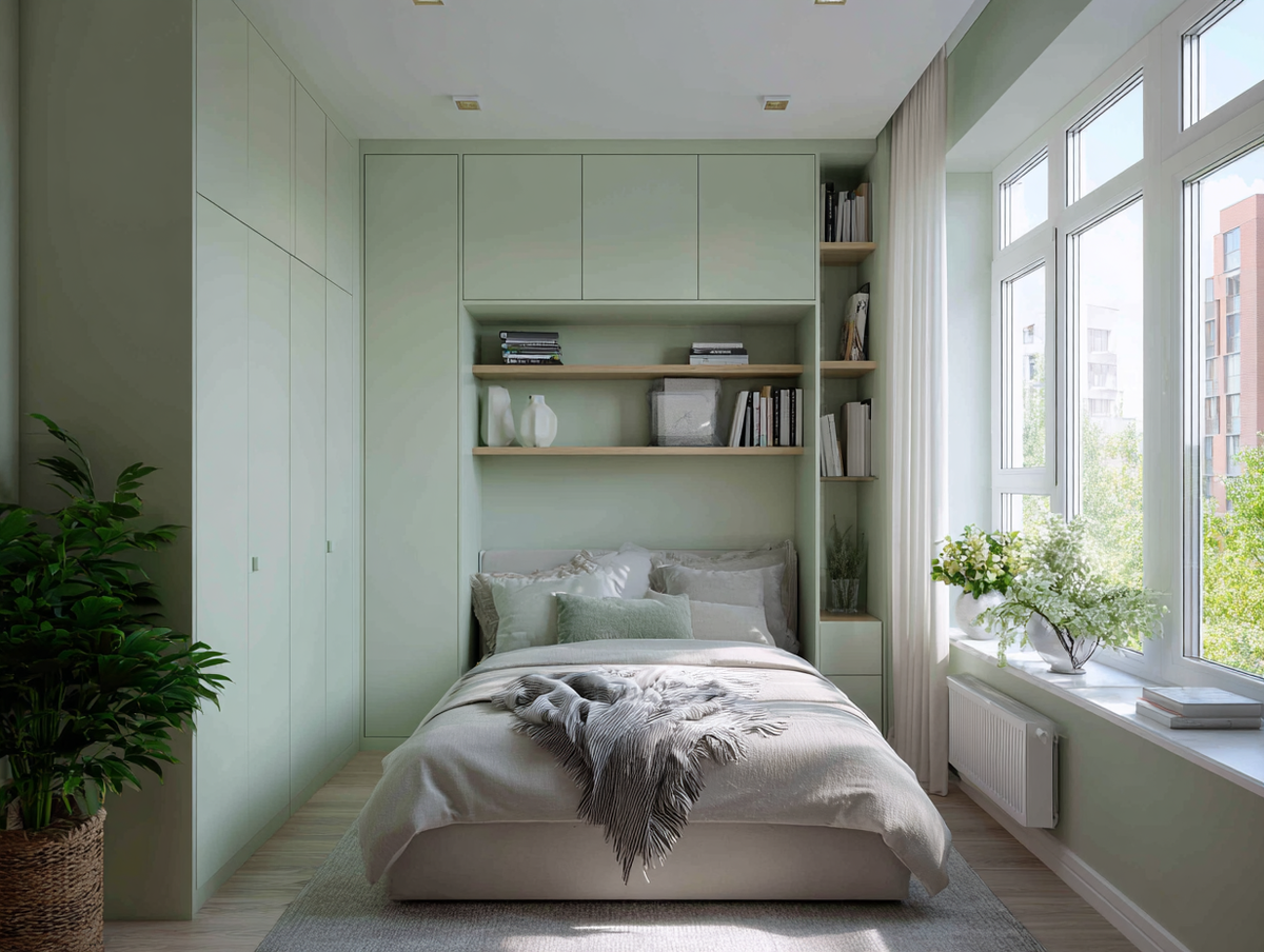 Стены и встроенные шкафы выкрашены в один тон