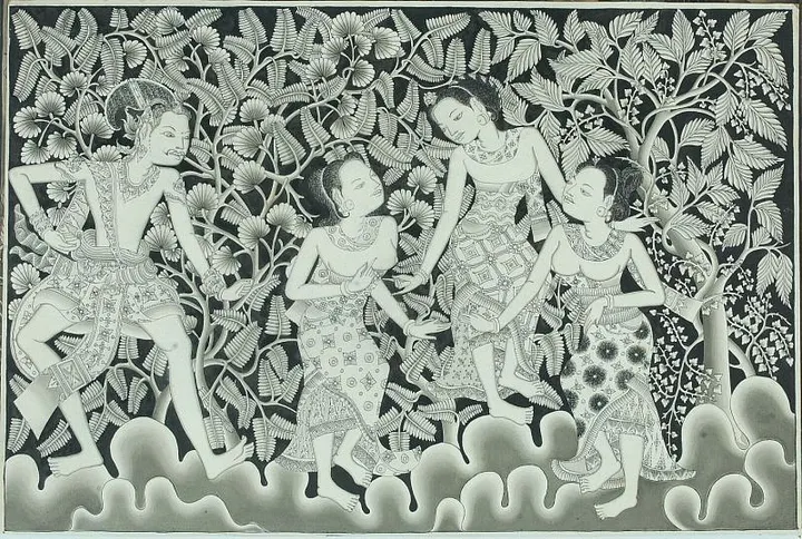 Балийская живопись, изображающая встречу принца Панчи с тремя женщинами в джунглях