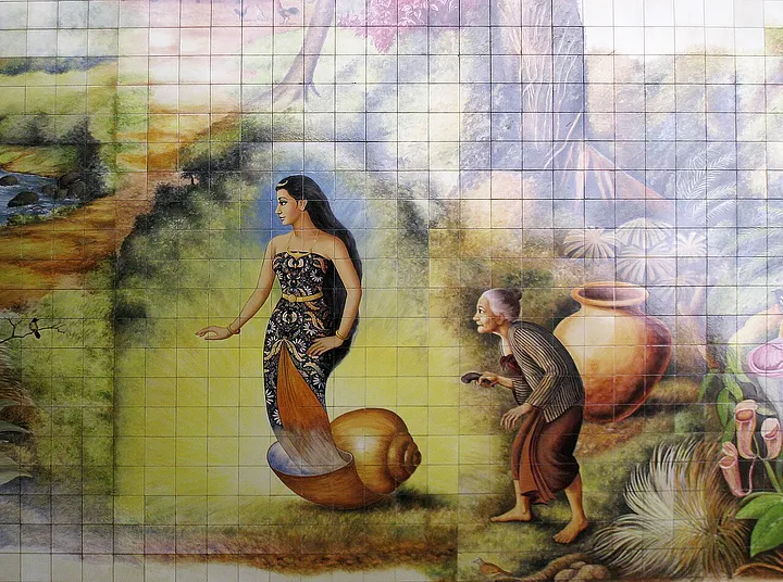 Картина, изображающая Деви Секартаджи, выходящего из Золотой Улитки. Сцена взята из популярного яванского фольклорного произведения «Кеонг Эмас» (Золотая Улитка) из цикла «Пянджи»