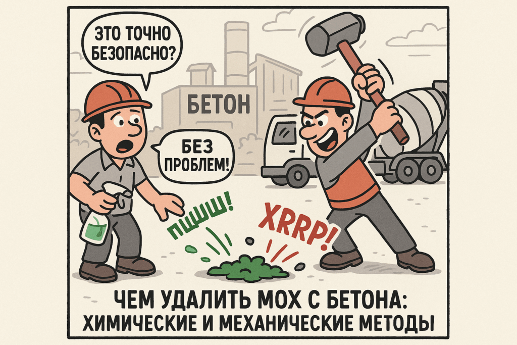    На изображении представлены механические инструменты и химические препараты для эффективного удаления мха с бетона.