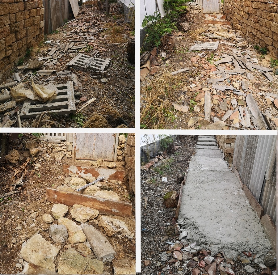 Первое фото - это участок будущей дорожки, вид от входа. Второе фото - вид на вход. Третье фото - притащила бут и формирую ступеньки. Четвёртое фото - работа пяти дней