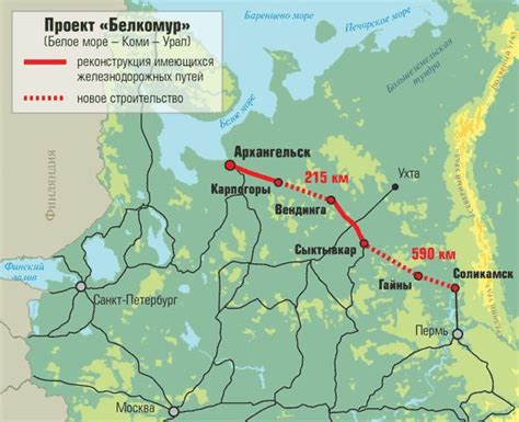 © sdelanounas.ru (Карта маршрута Белкомура — железной дороги Белое море – Коми – Урал. Красным обозначены новые участки, пунктиром — существующие линии, которые планируется модернизировать)