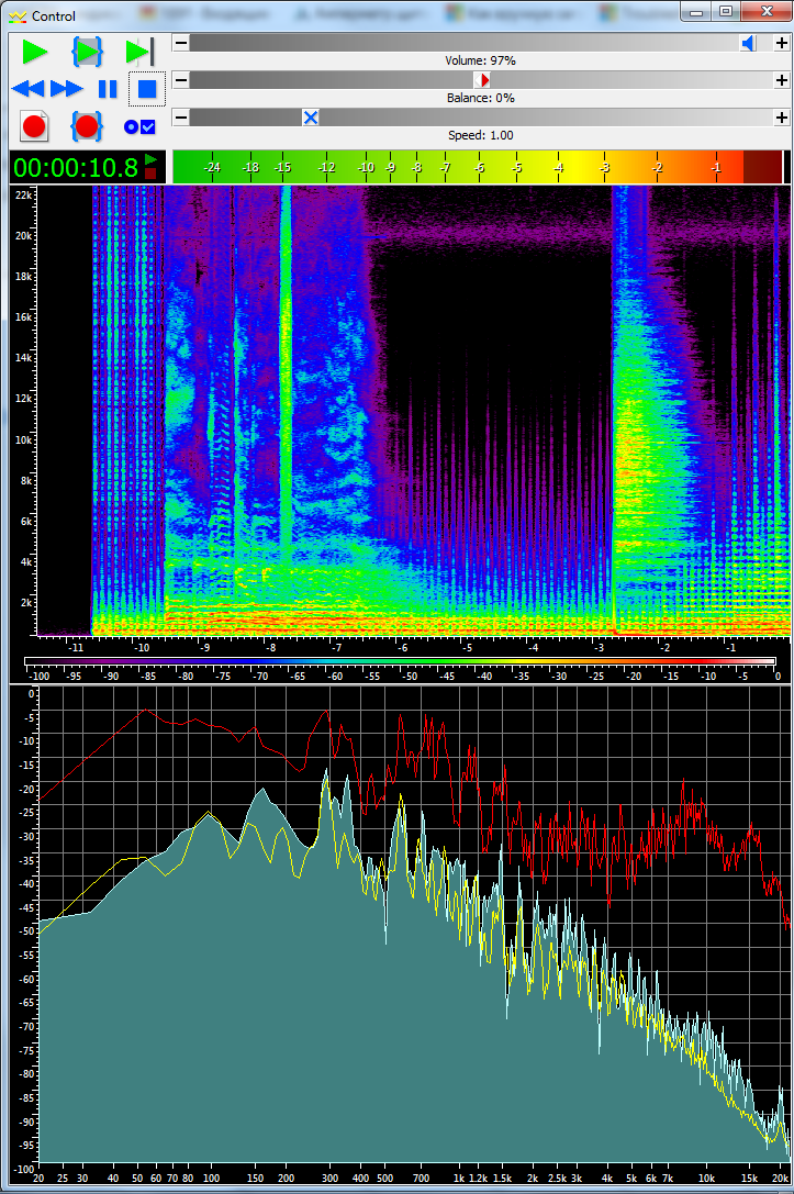 пиковый спектр - красным, мгновенный текущий - голубым, жёлтым - усреднённый текущий