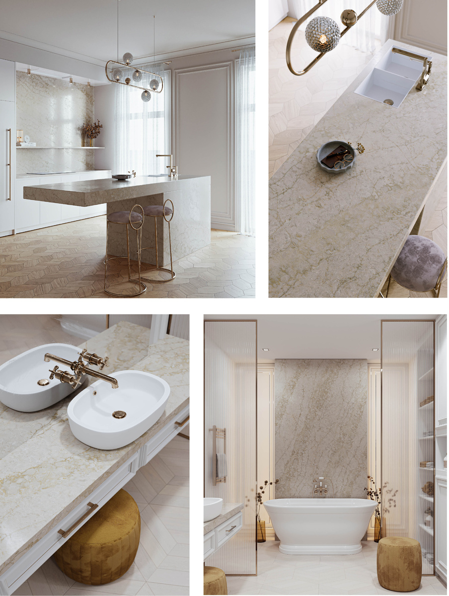 Кварцевый камень на различных поверхностях. Cygnus Divine (Quantra Quartz)