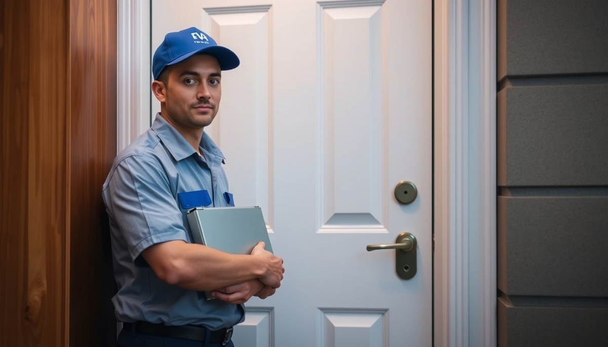    Изображение с курьером, стоящим у двери, без каких-либо текстов или символов.