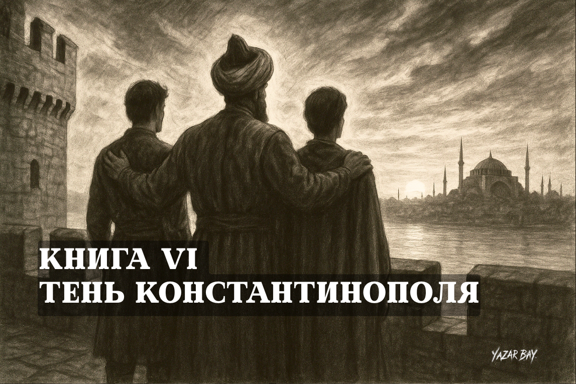 На башне новой крепости Анадолухисар Султан Осман и его сыновья, Орхан и Алаэддин, на закате смотрят на сияющий вдали Константинополь. ©Язар Бай