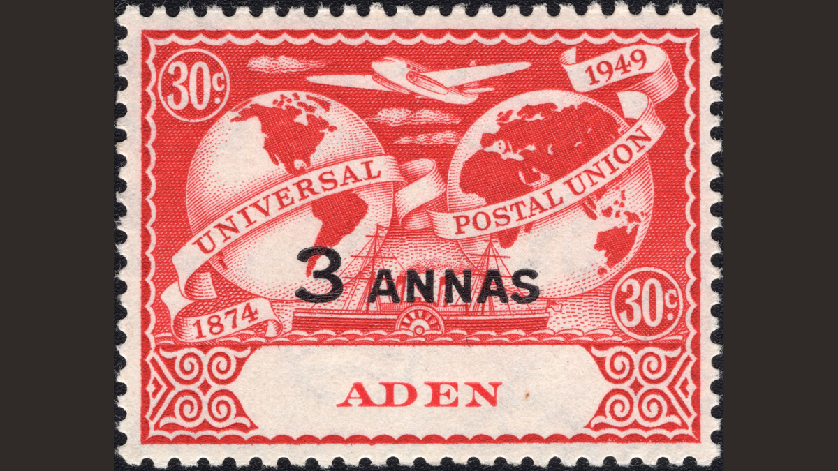1.1. Аден, 1949 год, № 34. Полушария земли, самолет и колесный пароход. 75 лет Всемирному почтовому союзу.