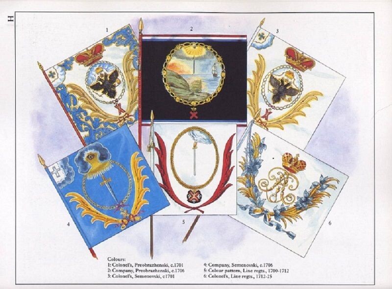 Под номером 5 изображено полковое знамя армейских (пехотных и драгунских) полков образца 1700 - 1712 годов. А значит, такие полковые знамена могли быть у Астраханского пехотного полка (1708 - 1785/86) и Вологодского (с 1790 года - 2-й по счёту Астраханский гренадерский полк или Новый Астраханский гренадерский полк - будущий 12-й гренадерский Астраханский Императора Александра III полк) пехотного полка в период с 1708 по 1712 годы.