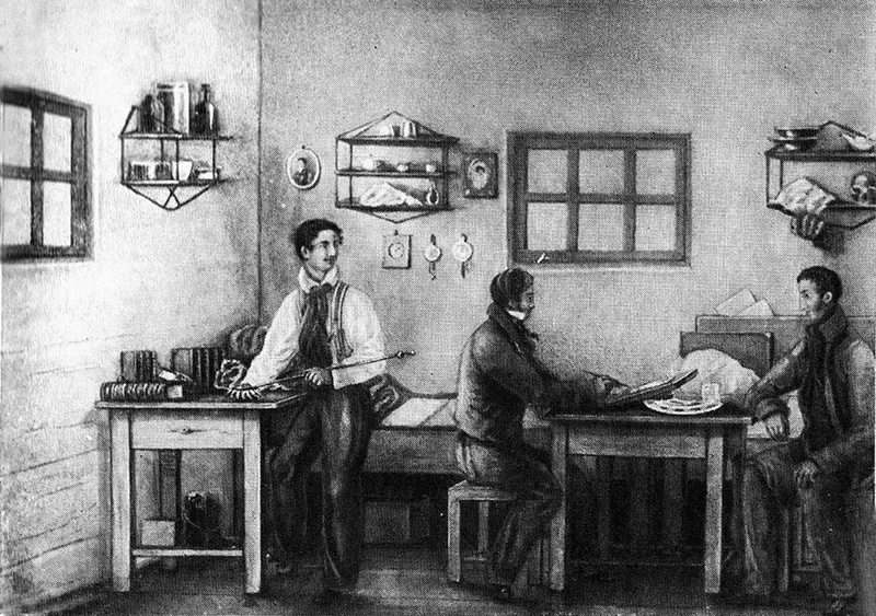 Н. А. Бестужев в своей камере № 39 (Петровский завод) пишет портрет И. В. Киреева. У стола М. Л. Бестужев. Акварель. 30-е годы XIX столетия. Тула. Художественный музей.
