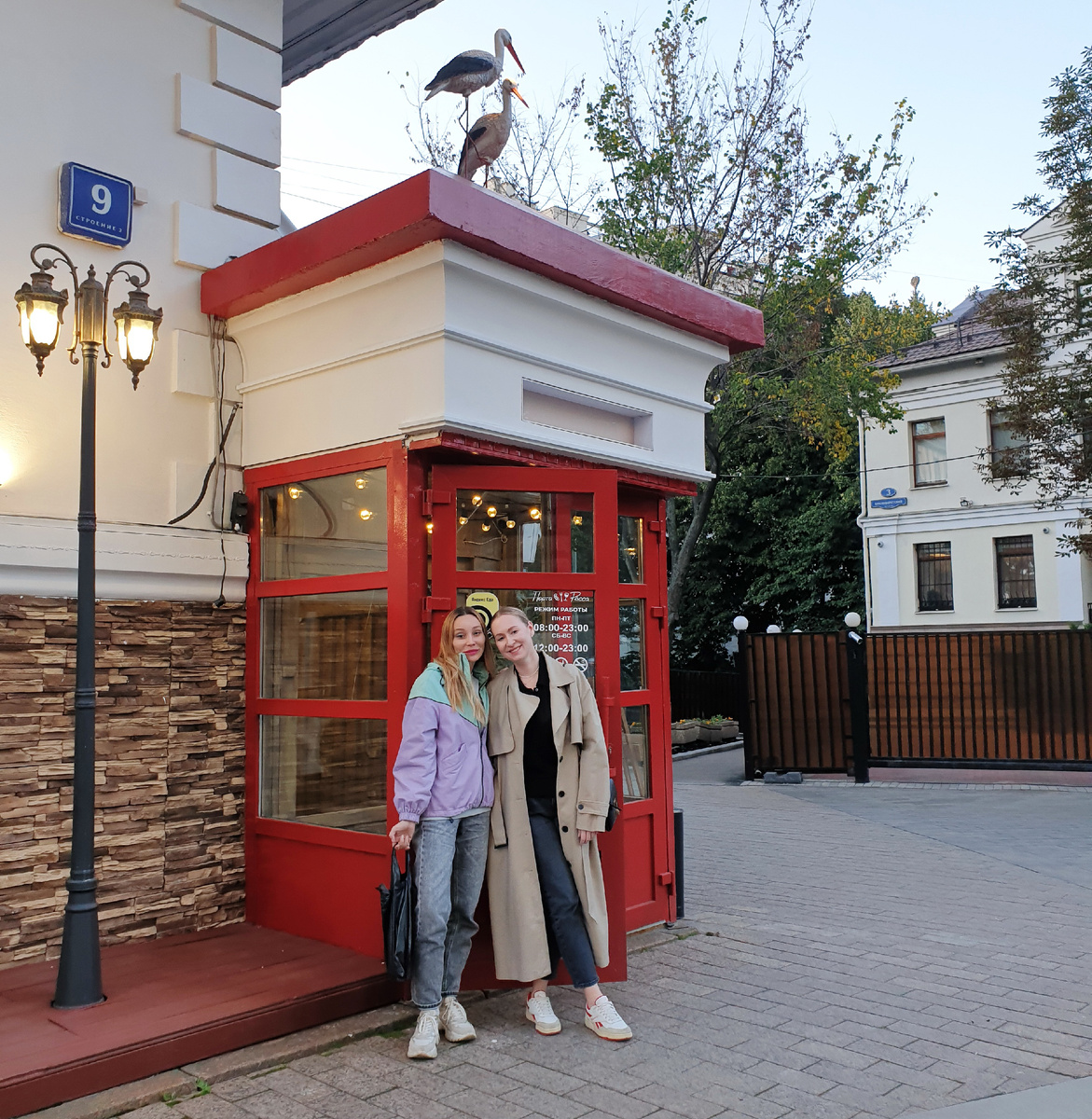 А вот и красная дверь. На крыше крыльца пара аистов