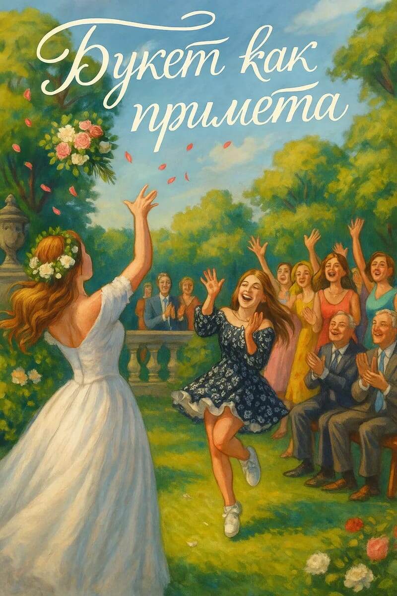 Сцена свадьбы на свежем воздухе. Невеста в белом платье бросает букет через плечо. Девушки стоят в полукруге, тянутся к нему. Молодая девушка по имени Ольга с радостной улыбкой ловит букет обеими руками, чуть подпрыгнув вперёд. Атмосфера весёлая, гости смеются и аплодируют. Стиль изображения — реалистичный, яркие краски, лёгкий оттенок иронии, как кадр из семейного фильма.                                                                © Copyright: Александер Арсланов, 2025