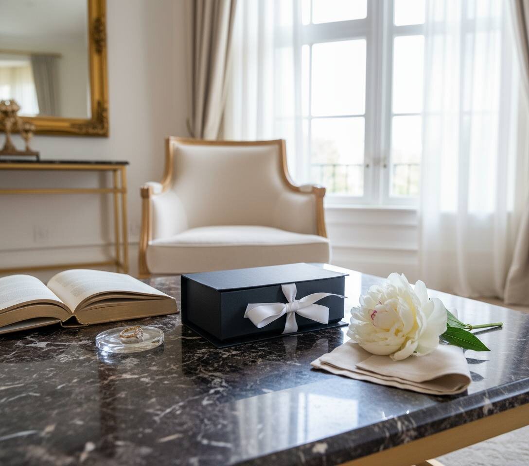 Премиум упаковка, коробка книжка на белых репсовых лентах.