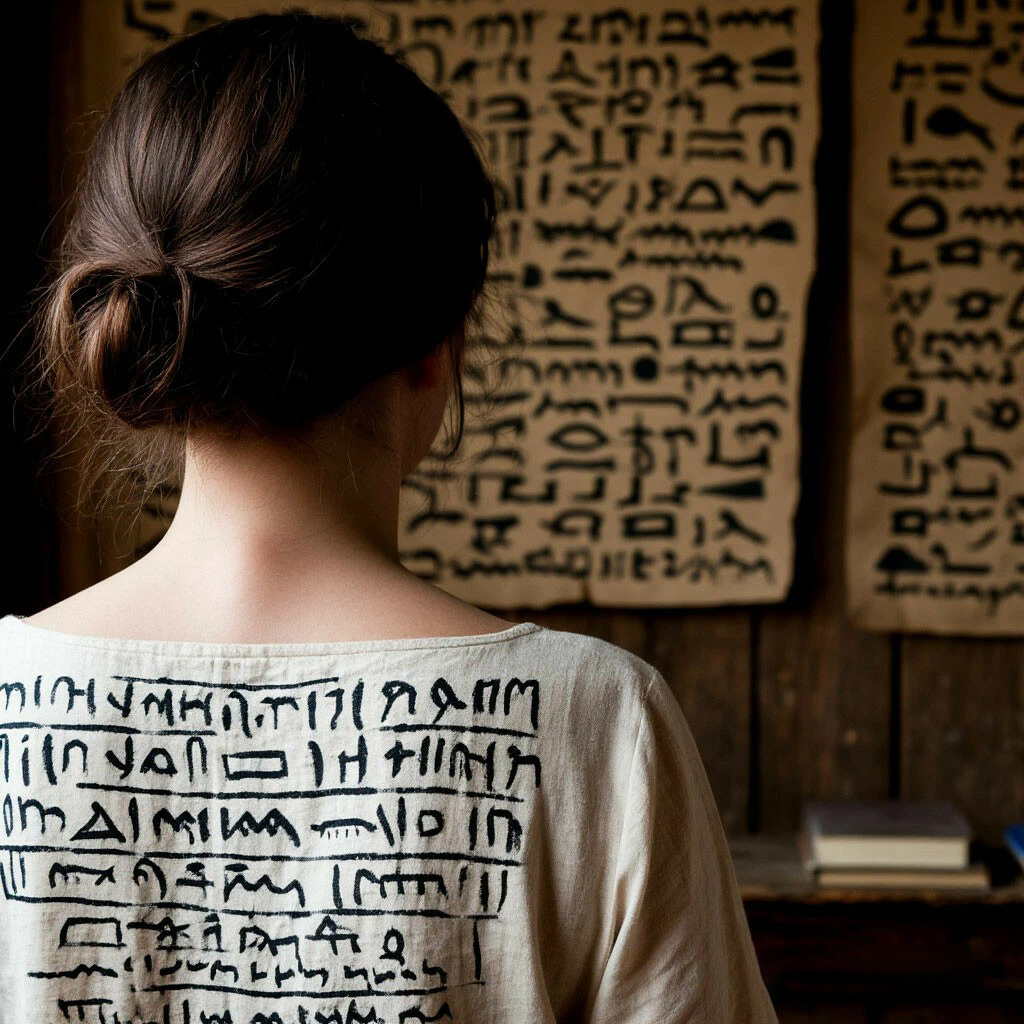 Девушка смотрит на стену с ироглифами неизвестного происхождения
