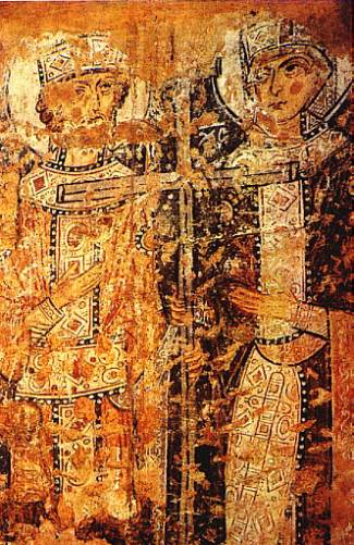 Изображение св. Елены и Константина в Софийском соборе Киева, моделями для которых, возможно, были Игигерда и один из ее сыновей