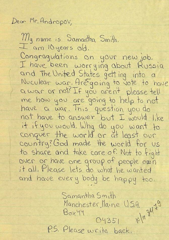 Письмо Саманты Смит, хороший, кстати, подчерк ->