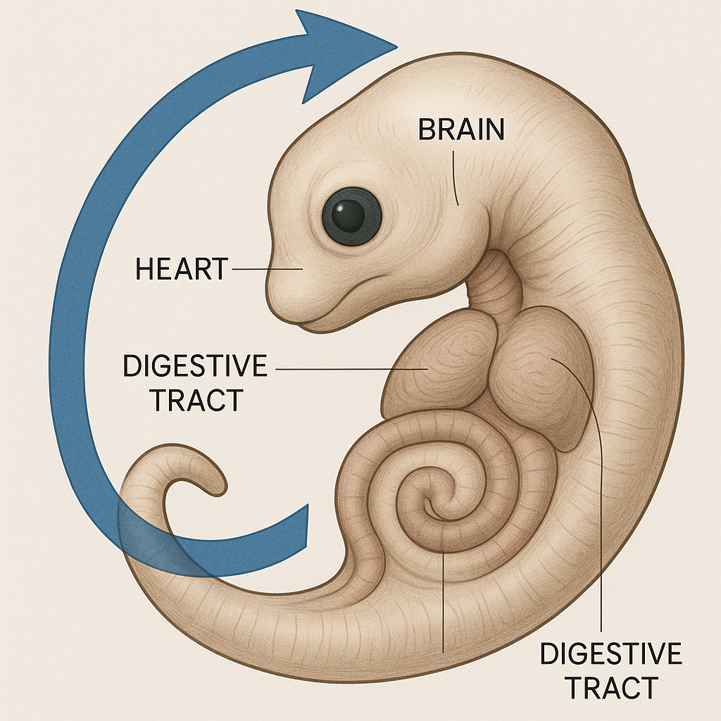 На иллюстрации показан зародыш позвоночного с указанием органов и стрелкой, демонстрирующей осевое скручивание тела.
