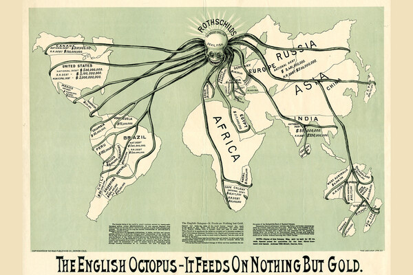 Антисемитская карикатура, изображающая власть евреев (в лице Ротшильдов) над миром / The Road Publishing Co.  