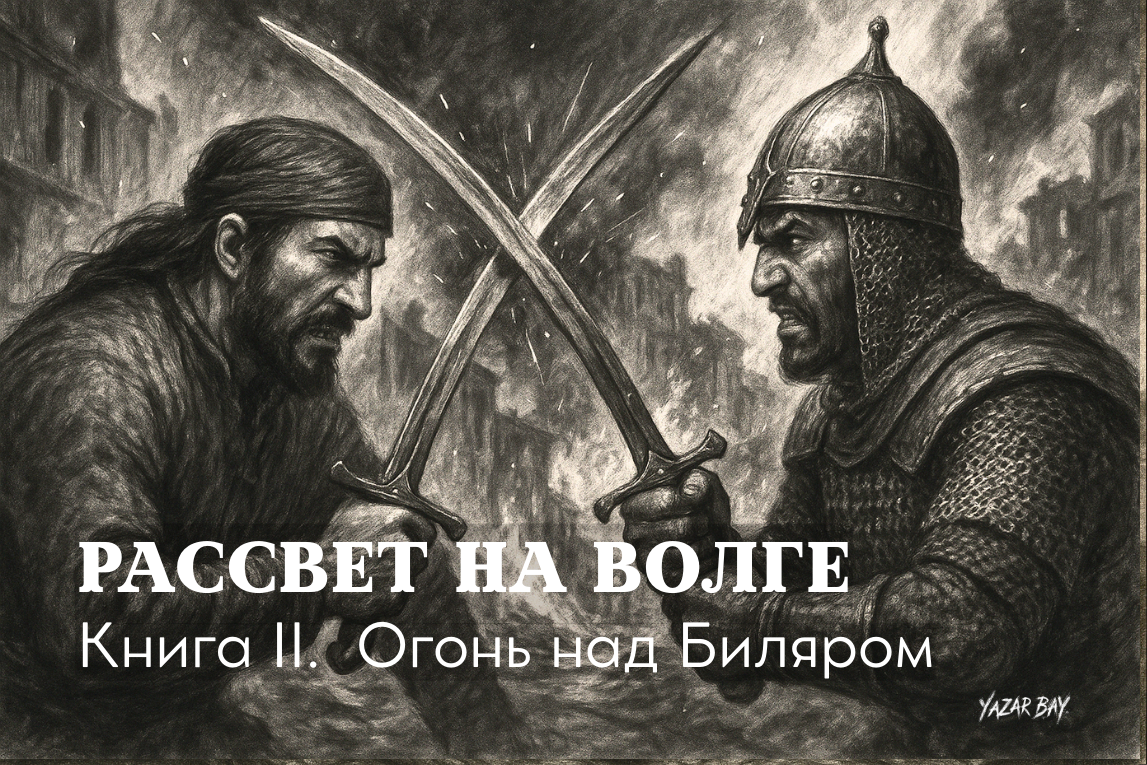 Посреди горящей улицы осажденного Биляра два заклятых врага, булгарский воин Айдар и хазарский гвардеец Тазрак, сошлись в смертельном поединке. ©Язар Бай
