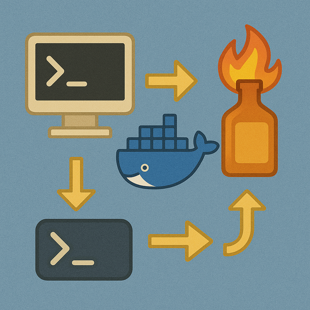 На иллюстрации показан процесс преобразования Docker-образа в самостоятельный исполняемый файл microVM с акцентом на терминал, контейнер и символ огня.