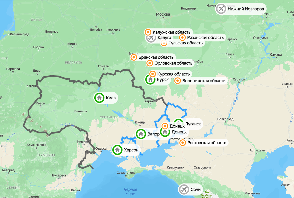 ВСУ атаковали 13 регионов России. Фото: Яндекс Карты