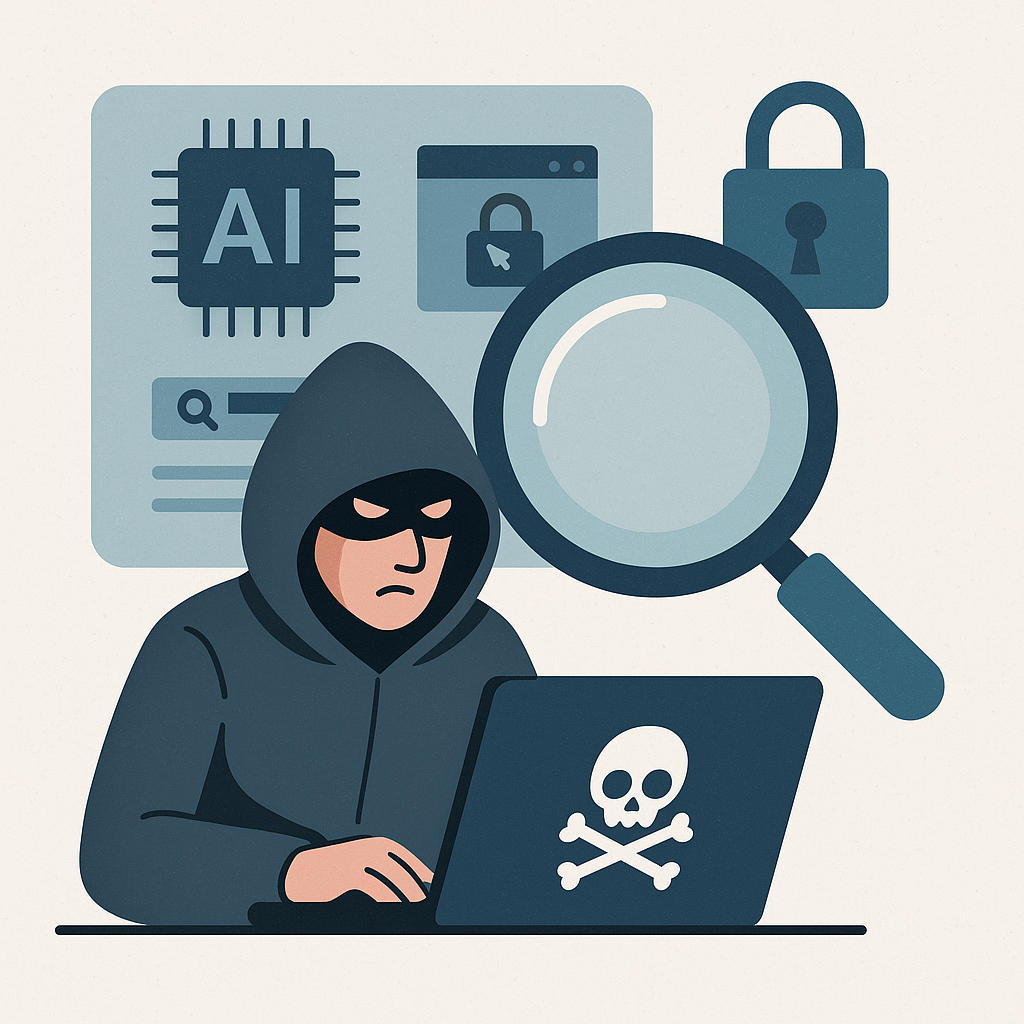 На иллюстрации показан хакер за ноутбуком, чьи действия рассматриваются под увеличительным стеклом, символизируя случайное раскрытие его операций.