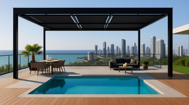 Современная терраса с чёрной биоклиматической перголой, расположенной над бассейном с кристально чистой водой. Вид на море и высотные здания города. На террасе — обеденный стол с стульями и диван с кофейным столиком. Пальма и растения создают уютную атмосферу. Идеальное место для отдыха в курортном районе.