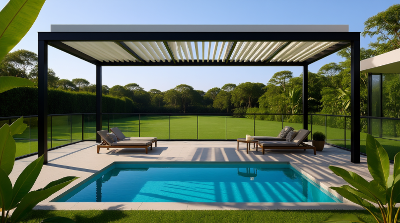 Просторная терраса с белой перголой и потолком из ламелей, под которой расположен бассейн. На заднем плане — зелёный газон, деревья и живая изгородь. Вокруг — два шезлонга, небольшой столик и декоративные растения. Яркий солнечный день, тени от перголы создают игру света и тени. Уютное пространство для релакса на природе.