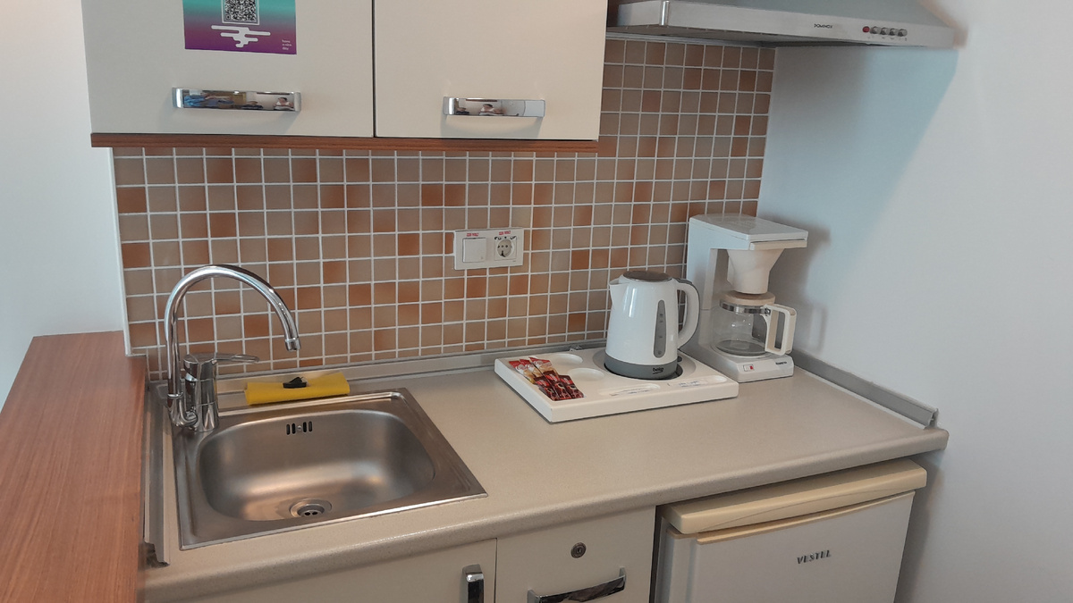 06 Turkey, Side, Calimera Side Resort, room # F-167, kitchen with sink, kettle, coffee maker, refrigerator