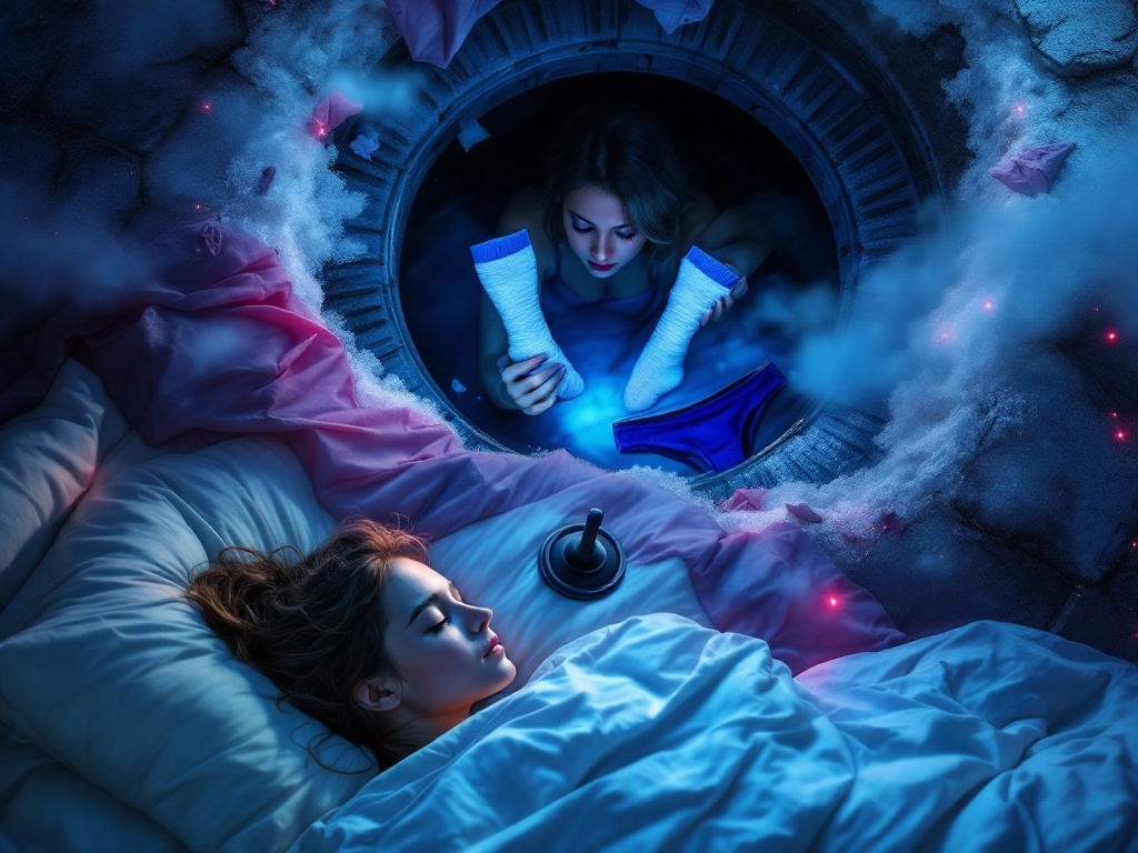    К чему такое снится: На картине изображена женщина, которая смотрит в открытый люк канализации, из которого торчат куски ткани. Она держит в руках мужской носок и синие трусы, а рядом с