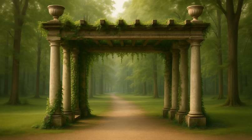 Старинная каменная пергола, покрытая плющом и зеленью, расположена на пути через туманный лес. Дорожка уходит вдаль между деревьями, создавая волшебную атмосферу спокойствия и гармонии с природой. Идеальное место для прогулки или медитации в загородном парке.