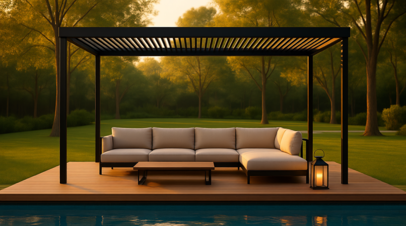 Современная чёрная пергола с потолком из ламелей, расположенная над террасой у бассейна. На ней — мягкий диван, кофейный столик и фонарь. Вид на зелёный сад и деревья. Закатное освещение создаёт тёплую и расслабляющую атмосферу. Идеальное место для вечернего отдыха на свежем воздухе.