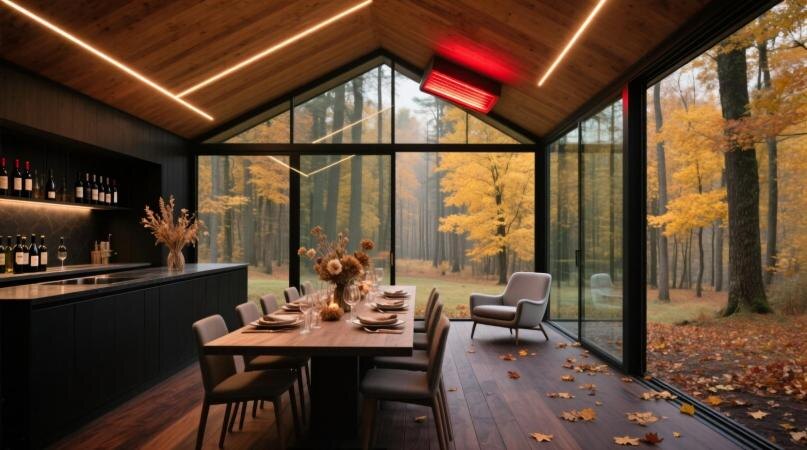 Современная столовая с деревянным потолком, встроенной подсветкой и панорамными окнами, выходящими на осенний лес с золотыми деревьями. На столе — сервировка, цветы и бокалы. Слева — барная стойка с бутылками вина. Листья на полу создают уютную атмосферу. Идеальное место для ужина в гармонии с природой.