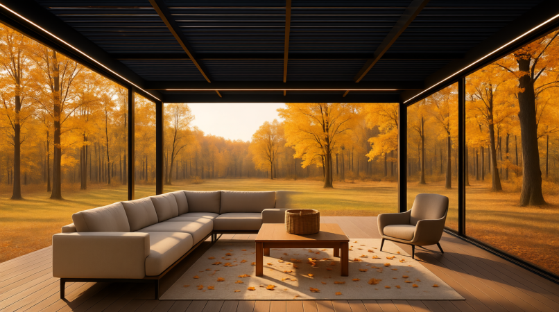 Просторная гостиная с чёрной перголой, остекленнием и мягким диваном. За окном — золотой осенний лес с падающими листьями. На полу — ковёр, кофейный столик и кресло. Тёплое освещение и тени от деревьев создают атмосферу спокойствия и уюта. Идеальное пространство для отдыха в прохладное время года.