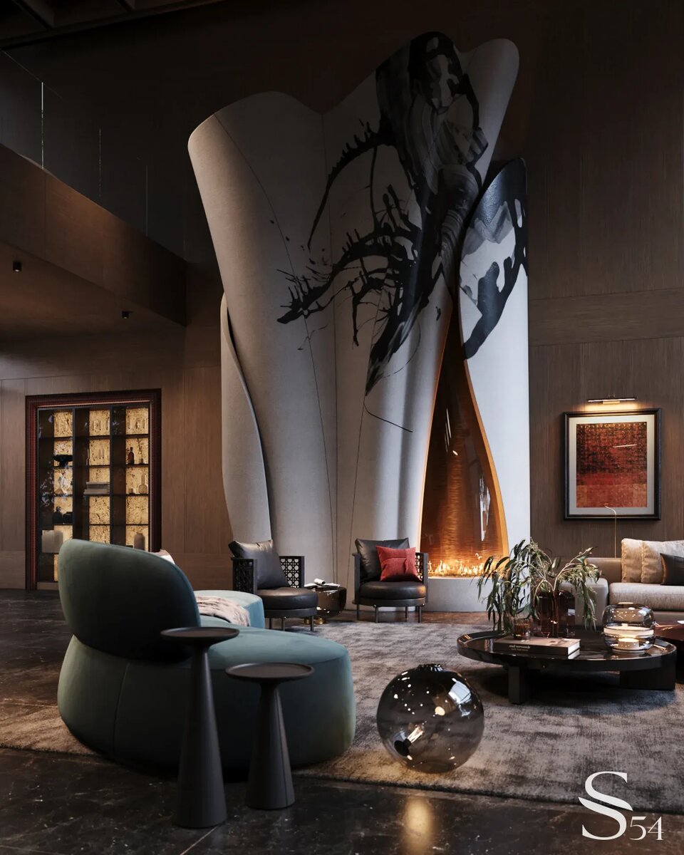 Роскошная гостинная в темных тонах с дизайнерским камином