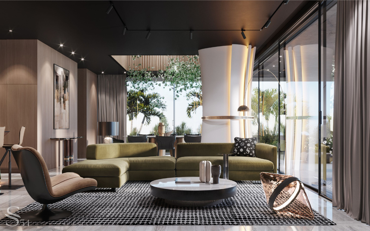 Уютная гостинная с яркими акцентами и арт-объектами