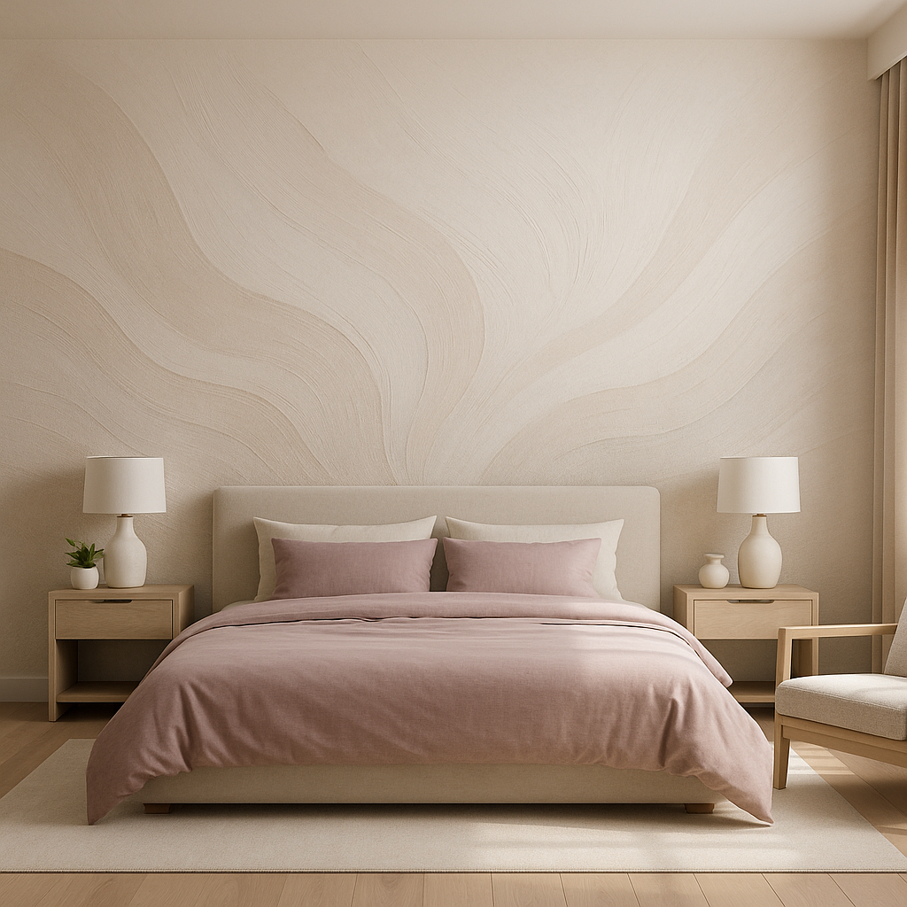 современная спальня в пастельных тонах, за изголовьем кровати бесшовная фреска с абстрактными мягкими линиями.