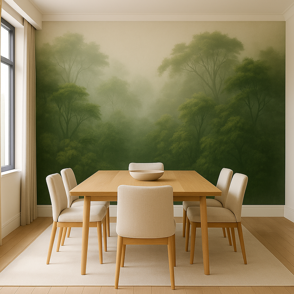 Современная столовая: деревянный обеденный стол, стулья в светлой обивке, фреска с лесом как акцентная стена.