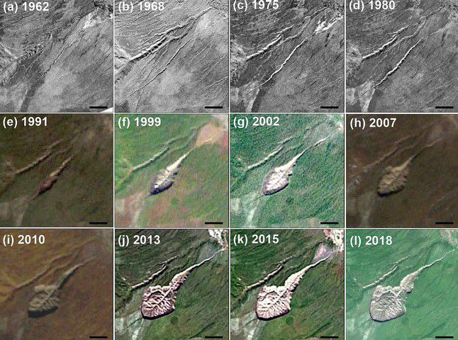 Космические снимки развития провала 1962-2018 гг.