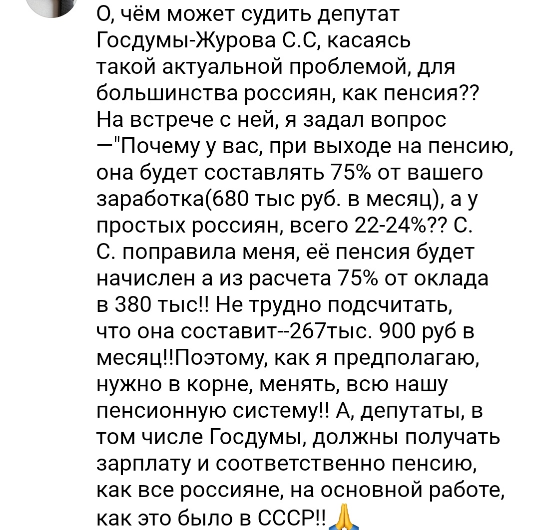 Один из пользователей сети поделился личной беседой с депутатом Журовой
