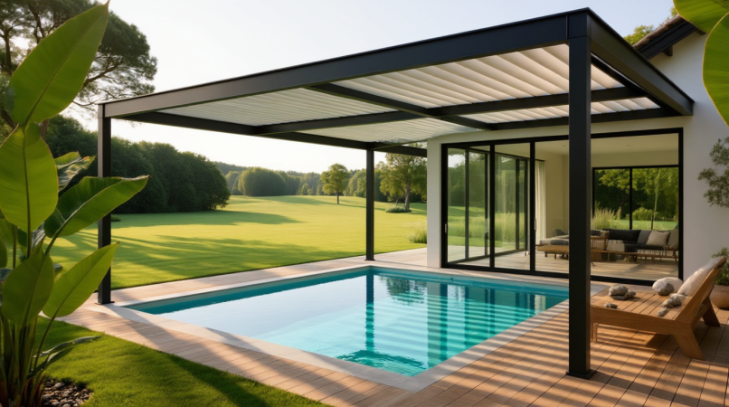 Современная чёрная пергола с белым рулонным тентом, расположенная над бассейном. На террасе — шезлонг и зелёный газон. Вид на ухоженный сад и лес на заднем плане. Солнечный день, тени от перголы создают комфортную тень. Идеальное место для отдыха у воды в загородном доме.