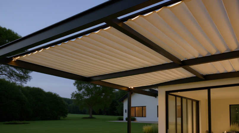 Современная пергола с тентом и встроенной подсветкой, освещающей конструкцию тёплым светом. На фоне — сумерки, зелёный сад и светлый дом. Тент частично опущен, создаёт уютную атмосферу. Идеальное решение для использования перголы днём и ночью.