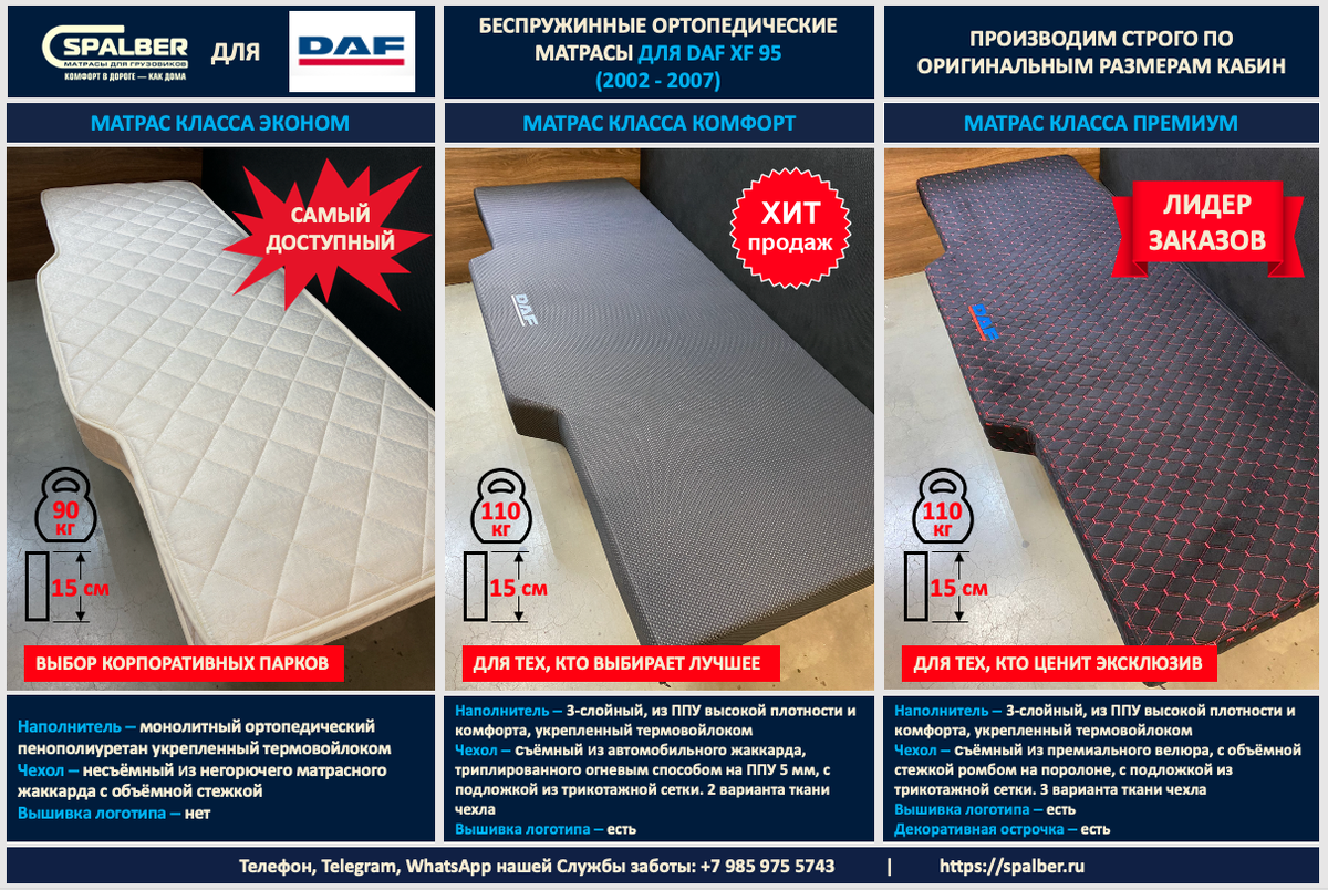 Линейка матрасов Эконом, Комфорт, Премиум для DAF XF 95 (2002 - 2007). Фото СПАЛБЕР.