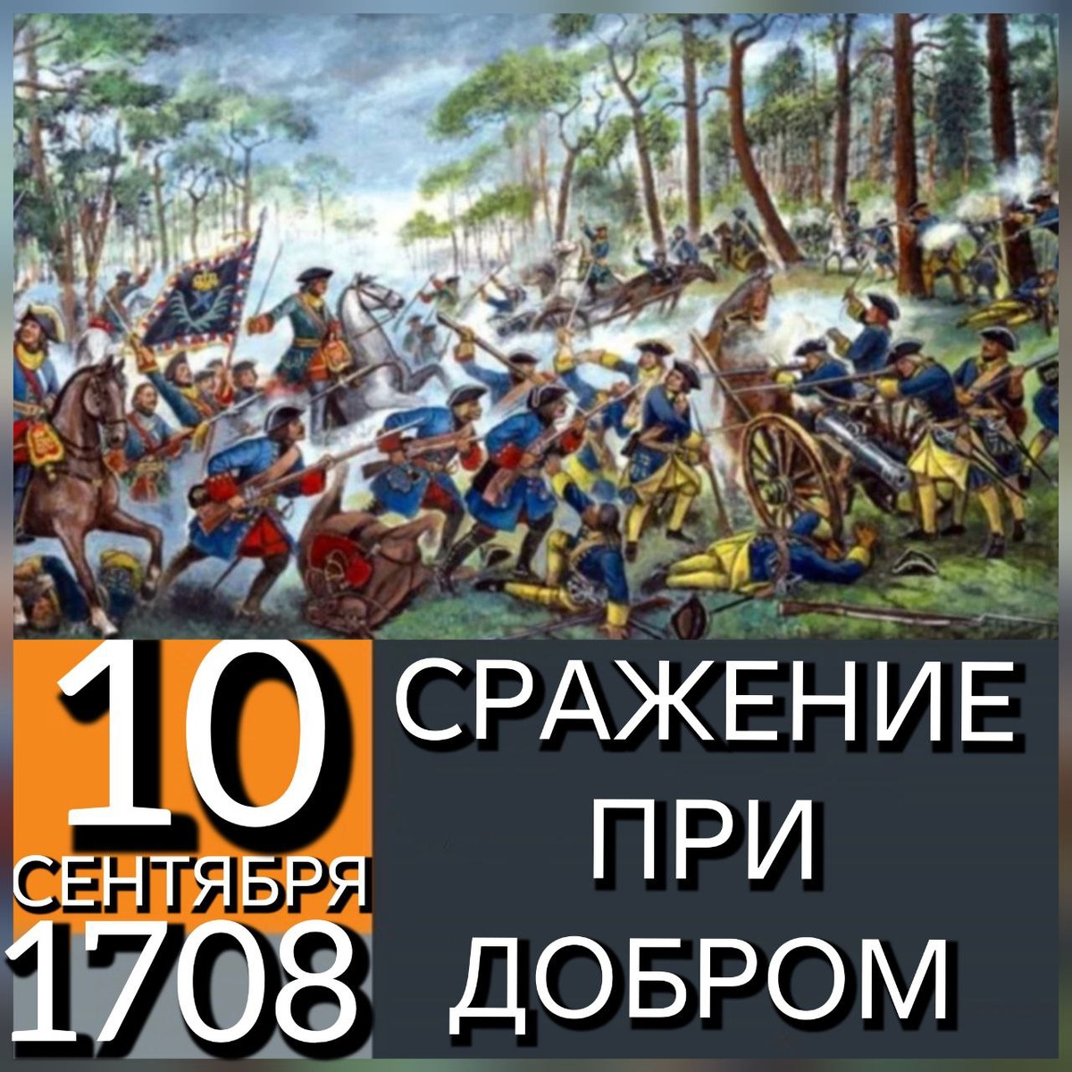 Сражение при селе Добром, по западным источникам сражение при Молятичах (швед. Slaget vid Malatitze) — сражение Северной войны, состоявшееся у села Доброе близ Молятичей 30 августа (10 сентября) 1708 года (31 августа по шведскому календарю) между русскими и шведскими авангардами. Имея точные данные о расположении шведской армии и об отдалении корпуса Рооса от главных сил, Пётр I решил воспользоваться ситуацией и нанести ему частное поражение. Для нападения были назначены два отряда: генерал-майора князя М. М. Голицына (8 пехотных батальонов: Преображенский, Семёновский, Ингерманландский, Астраханский, Киевский, Нарвский, Шлюссельбургский и Гренадерский[4]) и генерал-лейтенанта Г. К. Флуга (30 кавалерийских эскадронов). Первый должен был атаковать противника с фронта, а второй обойти его с левого фланга. Ссылка: https://ru.wikipedia.org/wiki/Сражение_при_Добром