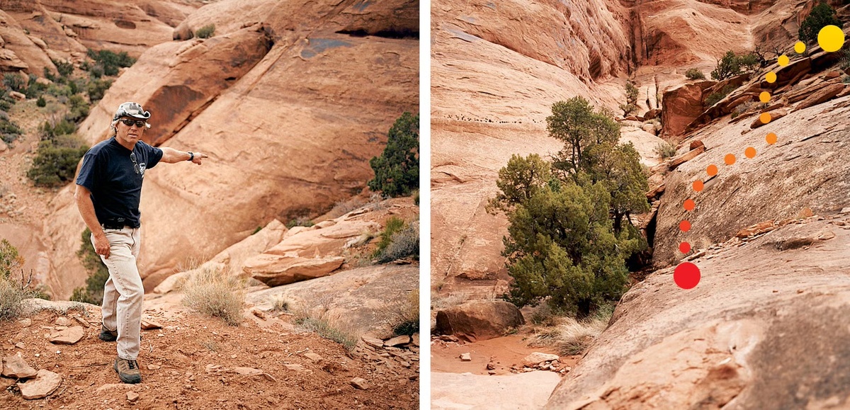 Спасатель показывает, где бежала Дэниэль. А слева - траектория ее падения