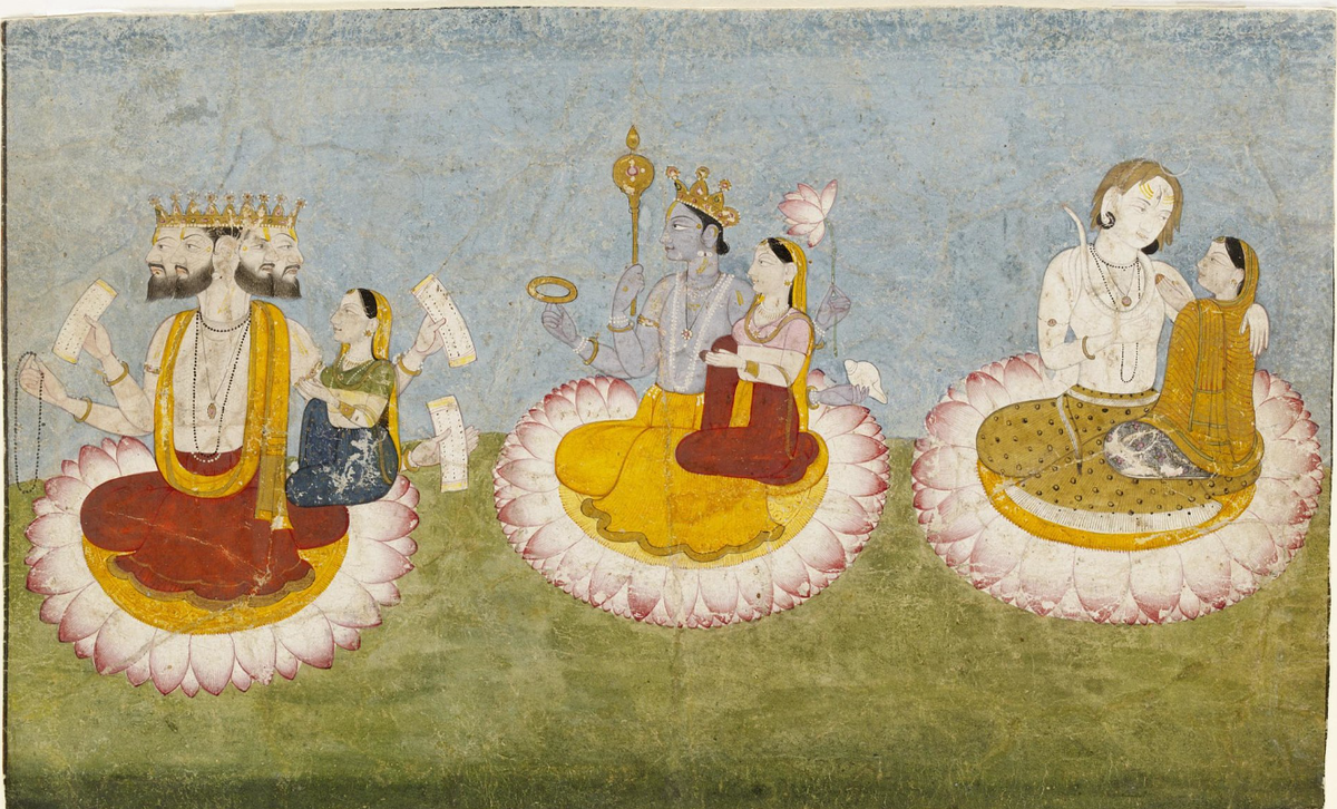 Брахма, Вишну и Шива со своими жёнами (княжество Гулер, Индия, около 1770 года) (интернет)