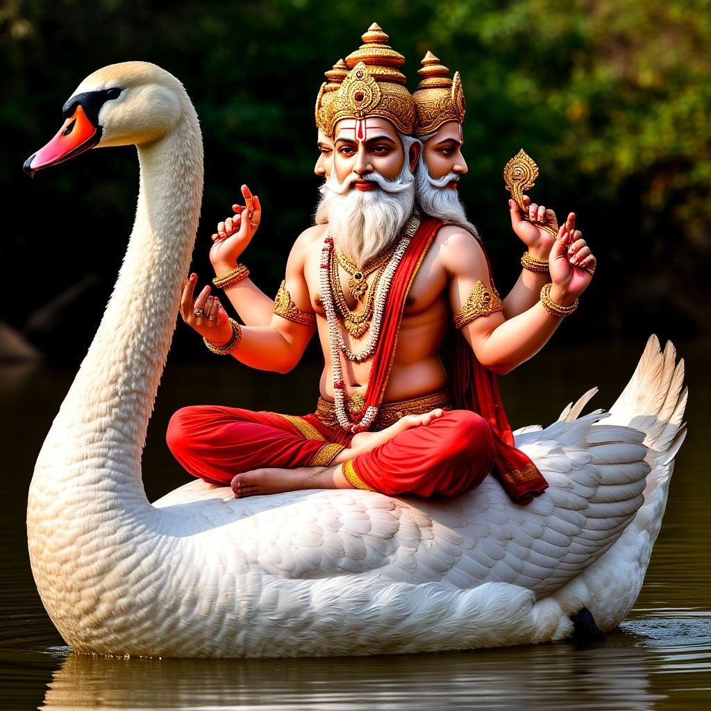 Брахма, создатель вселенной, на лебеде Хамса. (нейросеть)