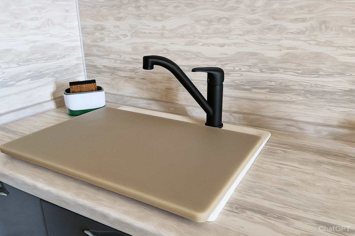 Разделочная доска поверх раковины - как дополнительная рабочая поверхность.